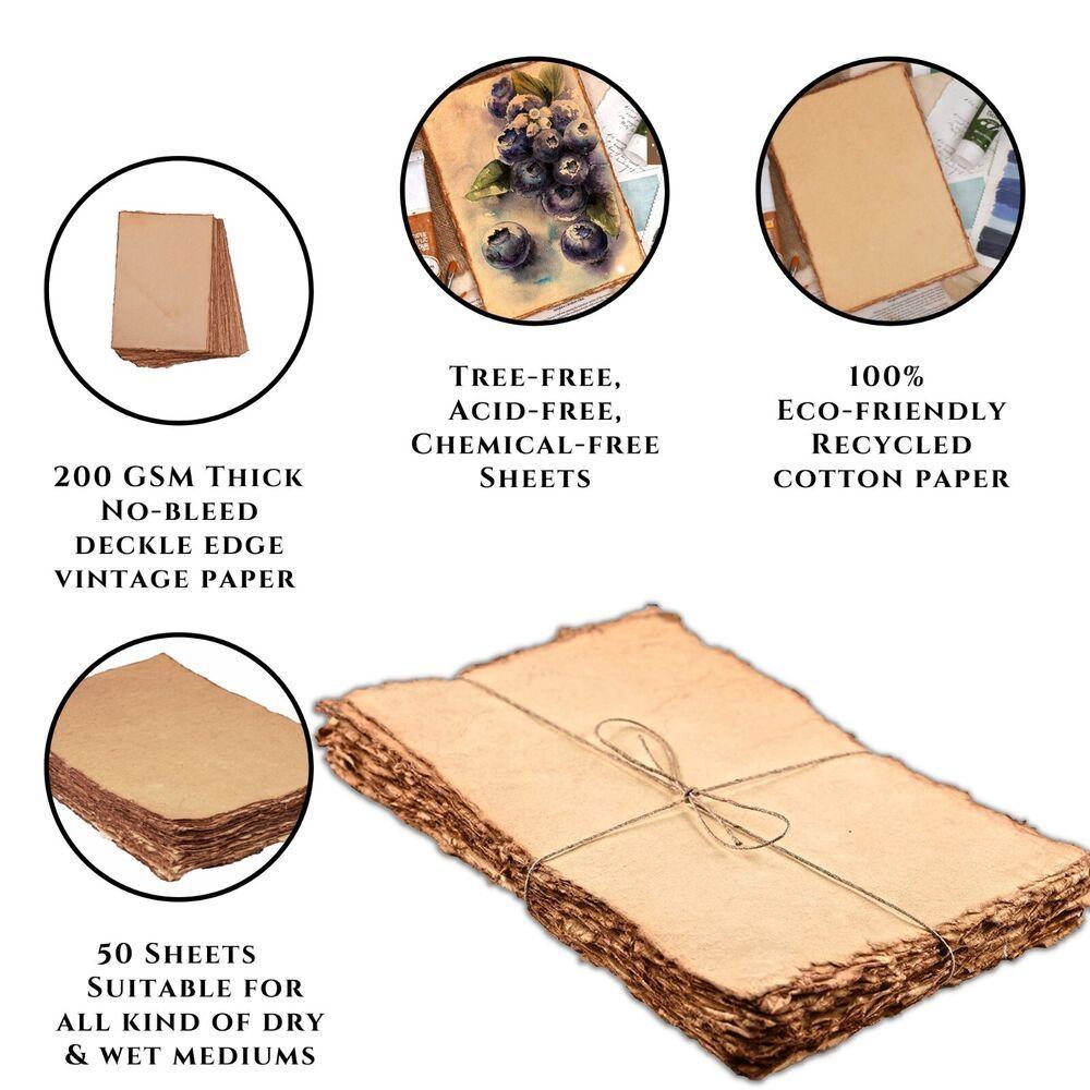 Vintage Watercolor Paper Sheets Cold Press 200 GSM 50 Blank Deckle Edges Pads