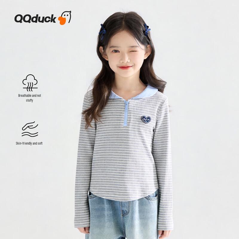 QQ DUCK Girls' Striped Polo Long Sleeve T-Shirt