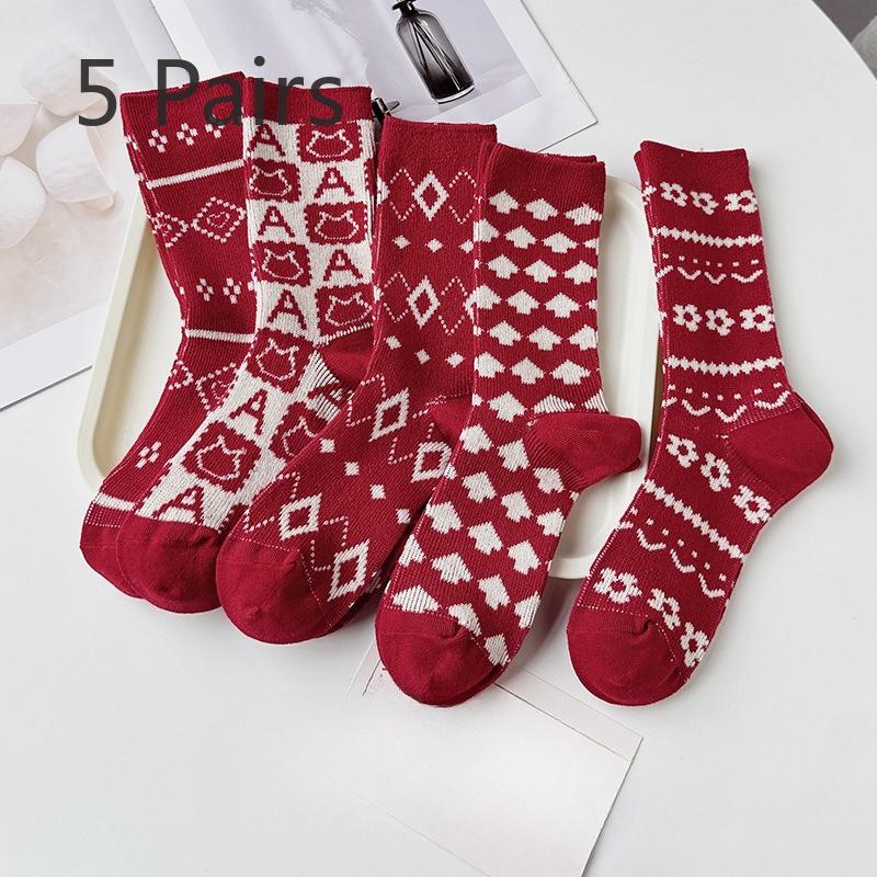 5 Pairs of Thick Mid-calf Socks for Women In Autumn and Winter, Retro Leopard Print Warm Combed Cotton Pile Socks for Women