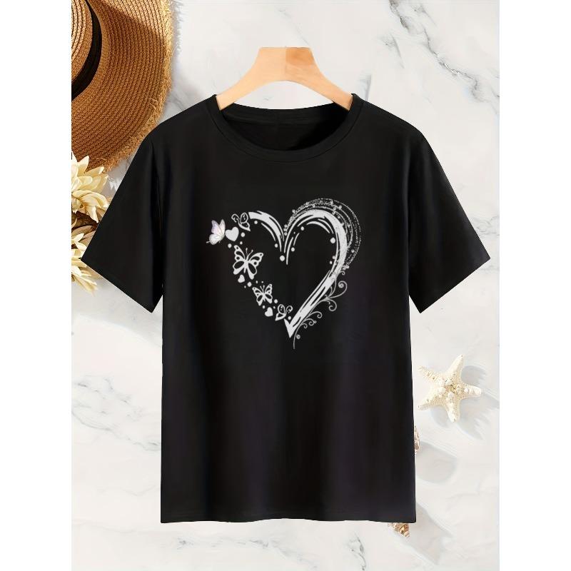 European size Women's Opaque Heart Print T-Shirt - Medium Stretch Short Sleeve Casual