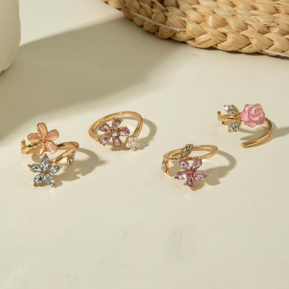 4 pcs Crystal Rhinestone Flower Rings Simple Finger Jewelry Sweet Opening Finger Ring  Gifts