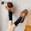 Fashion Nubuck Cow Leather Flats Woman Silk Bow-knot Furry Loafers Ladies Plush Winter Shoes Plus Size 35-42 Genuine Leather Moccasins