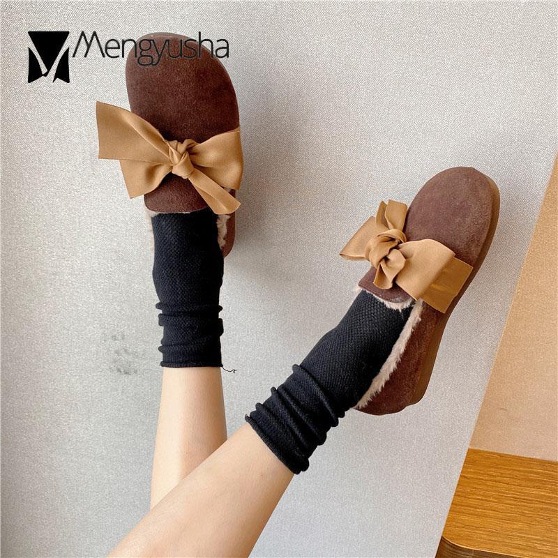 Fashion Nubuck Cow Leather Flats Woman Silk Bow-knot Furry Loafers Ladies Plush Winter Shoes Plus Size 35-42 Genuine Leather Moccasins