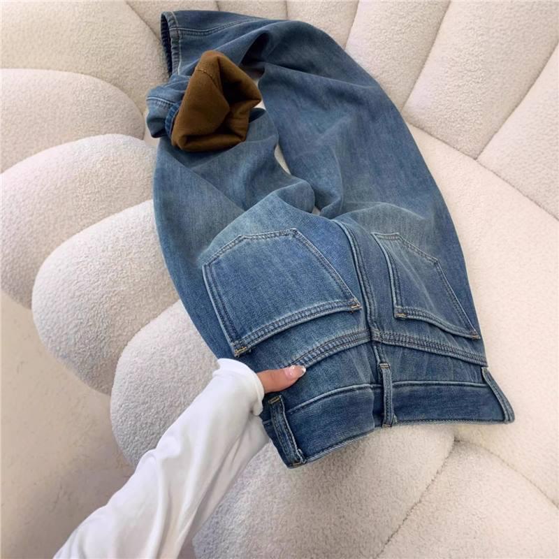 2025 Women's High Waist Retro Blue Fleece-Lined Straight Leg Jeans for Autumn/Winter - Slim Fit and Wide Leg