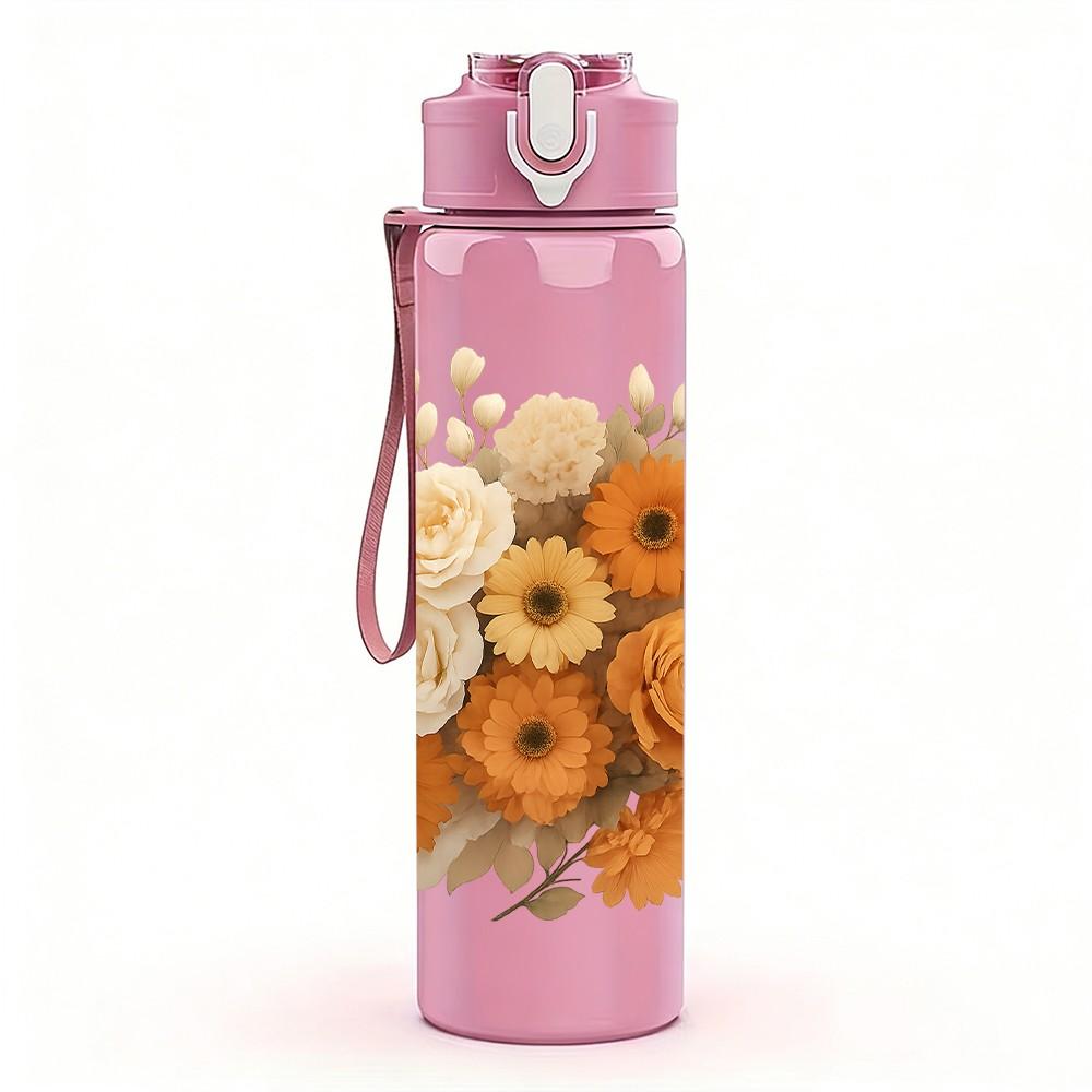 1PC Warm Dried Sunflower Bouquet Pattern 750ml Color Plastic Sports Water Bottle Leakproof Flip Straw Lid Suitable for Sports Office Home Use