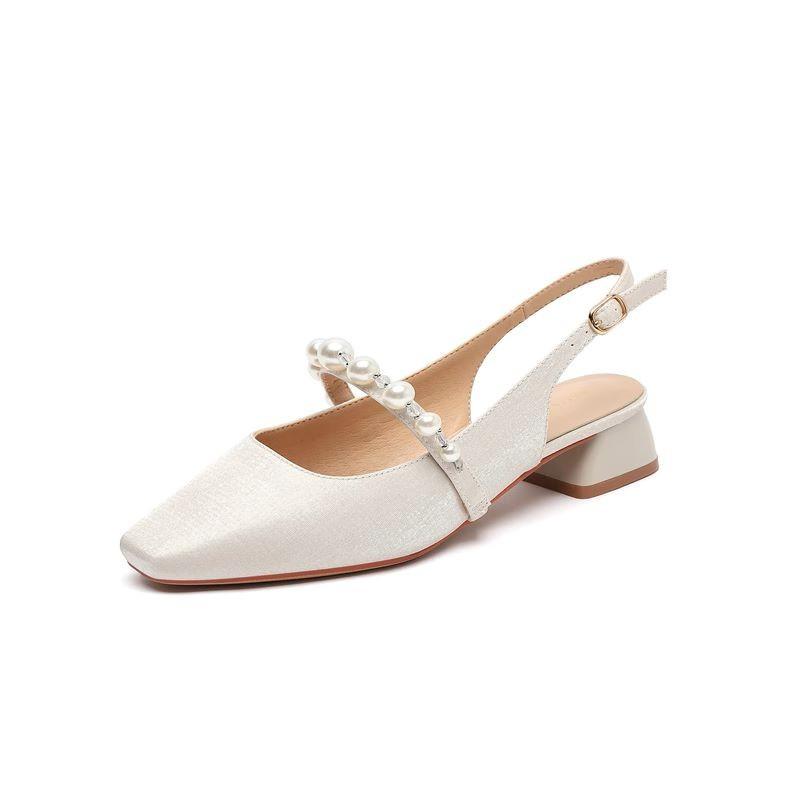 

With skirt fashion bag head sandals women s 2025 new French pearl thick heel single shoes back empty evening wind lady shoes 40 белый