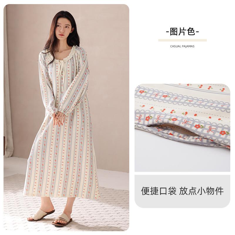 

Pure Cotton Women S Pajamas Spring And Autumn Long-Sleeved Pajamas Medium And Long Skirts Are Sweet And Loose, And Can Be Worn Outside Loungewear 2XL
