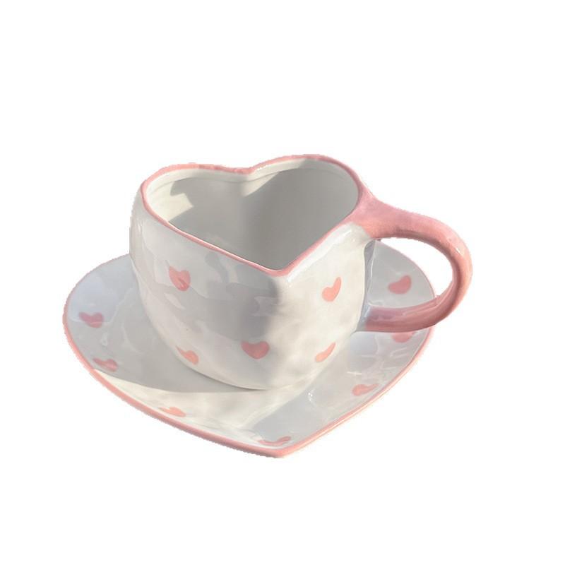 Korean Style Retro Love Ceramic Cups and Saucers, Hand-squeezed Irregular Heart-shaped Coffee Cups and Saucers, Afternoon Tea Cups and Saucers