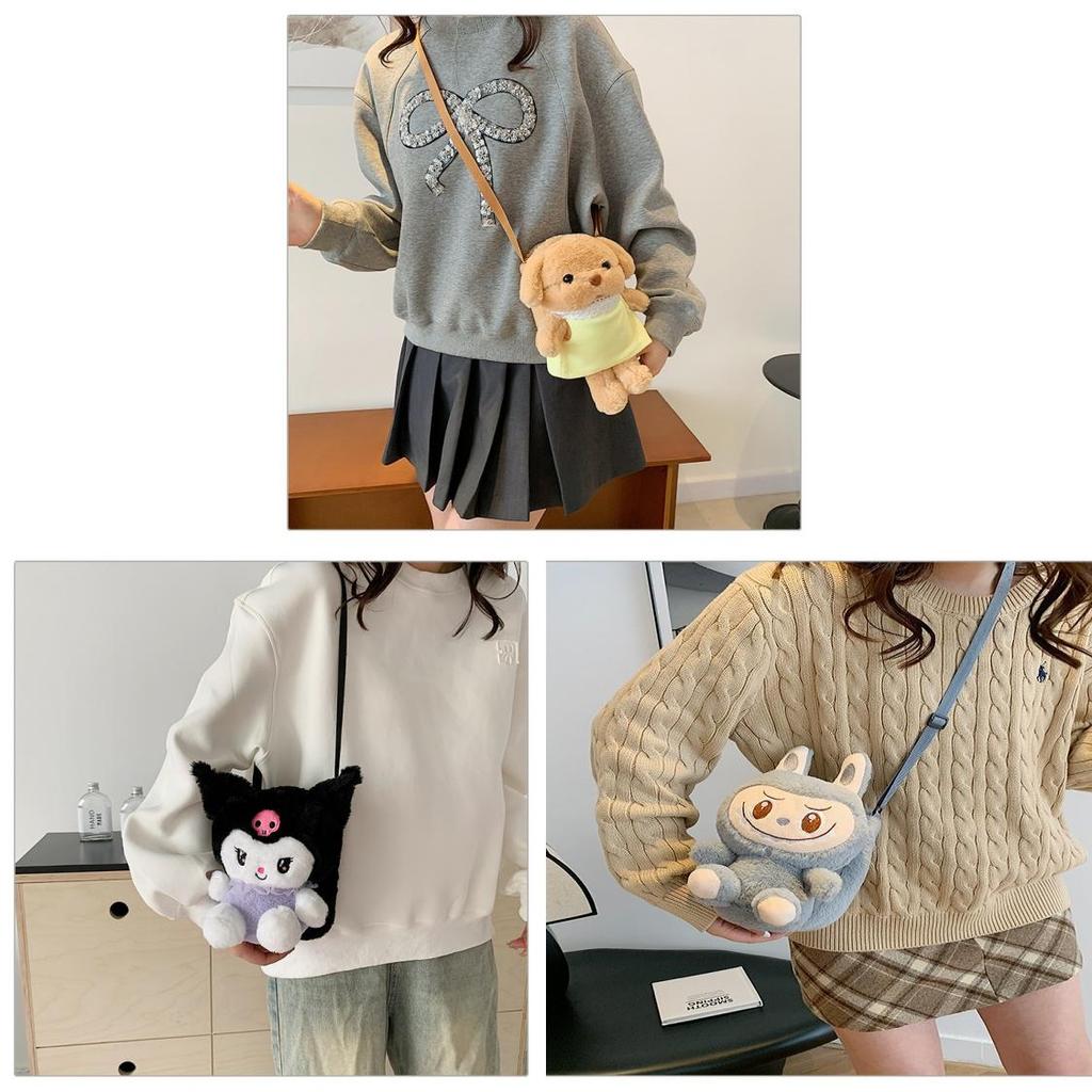Small Cartoon Plush Dog Crossbody Bag For Women With Zipper Closure And Inner Pocket
