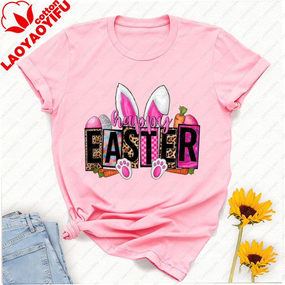 Pastel Happy Easter Tshirt Leopard Tie Dye Lettering With Bunny Ears Paws Carrots Graphic Breathable Cotton Casual Streetwear