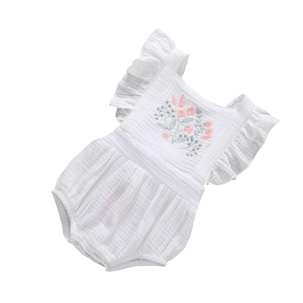 Baby Cute Romper Embroidered Sleeveless Ruffle Decorated Snap Button Closure Breathable Jumpsuit