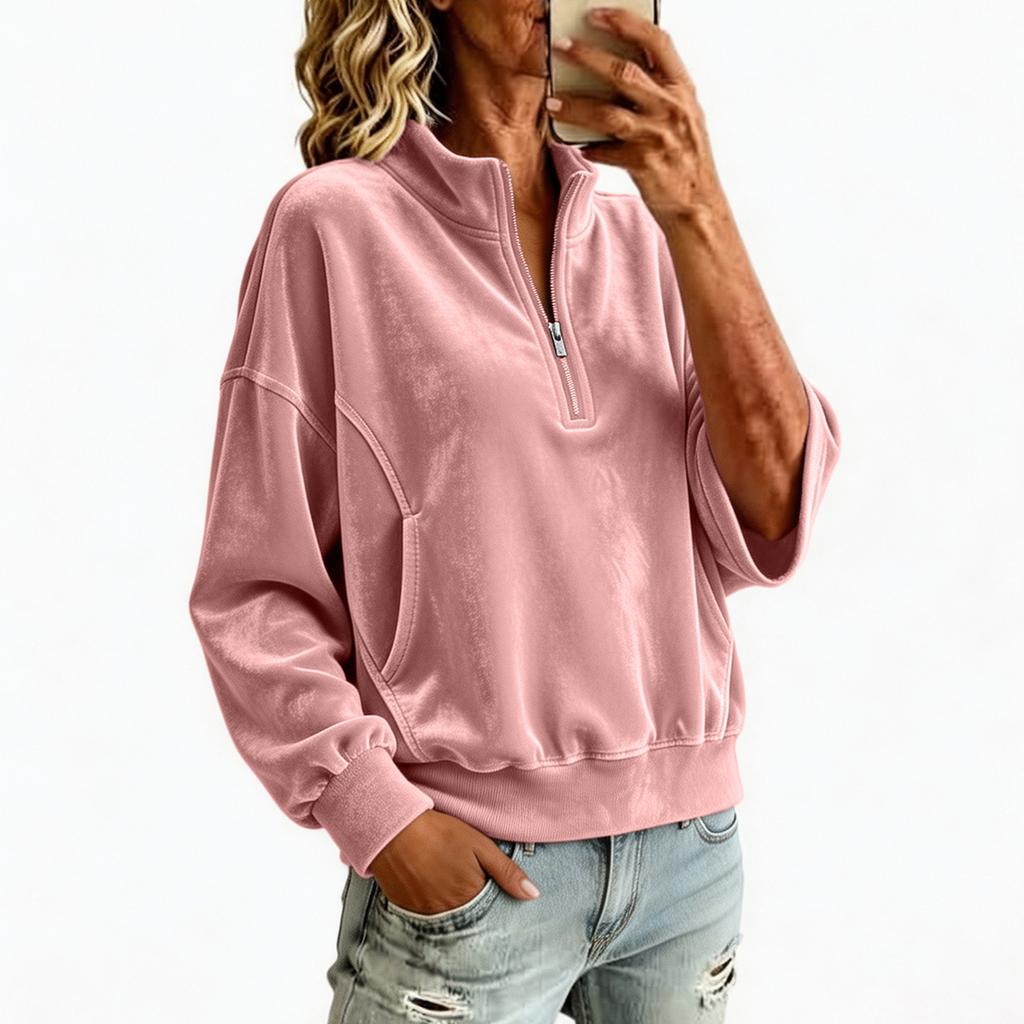 Damen Casual Samt Stehkragen Sweatshirt Langarm Farbe Pullover