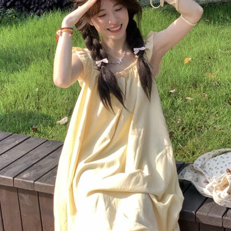 Yellow Fairy Flutter Sleeve Summer Dress for Girls - Slimming Mid-Length