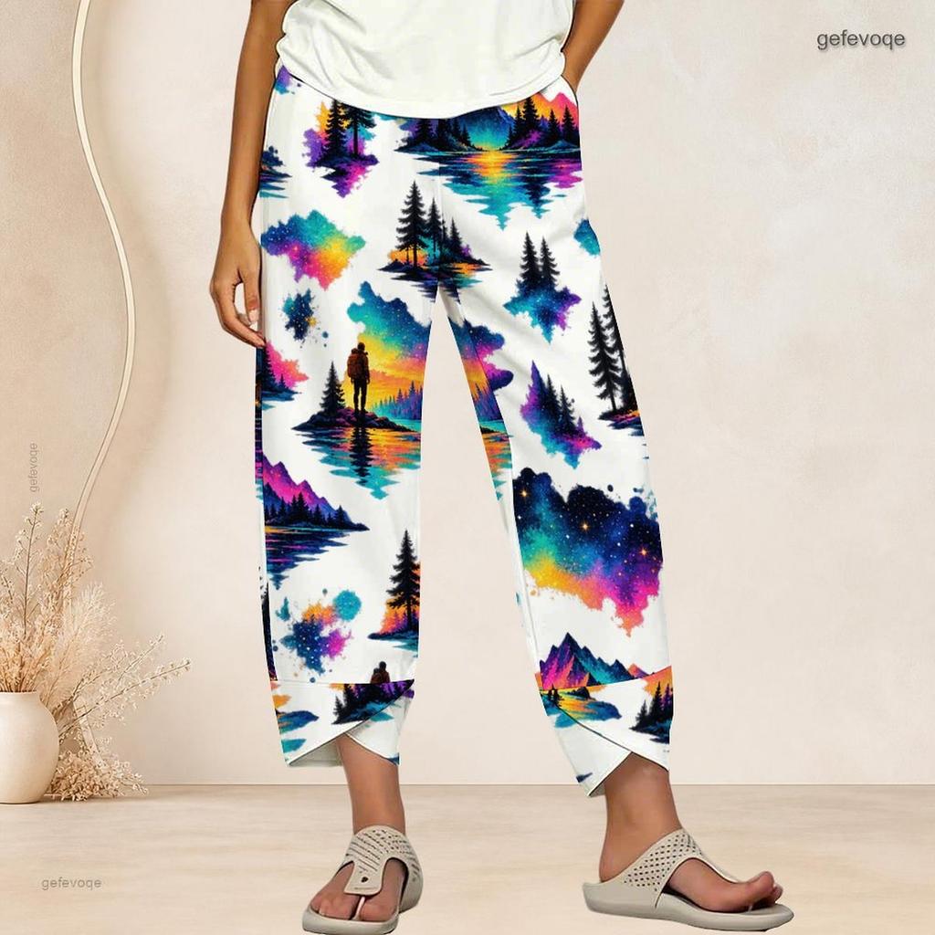 Women Plus Size Loose Deer And Leaf Printed Cross Hem Cropped Pants