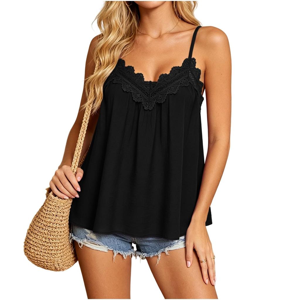 Women Casual Lace Trim V Neck Camisole Top Lightweight Spaghetti Strap Loose Fit Summer Tank Blouse