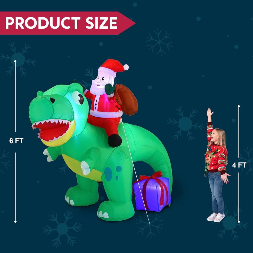 Joyfy 6 FT Christmas Inflatables Santa Dinosaur Outdoor Decorations Christmas Blow Ups Yard with Built-in LEDs for Holiday Party