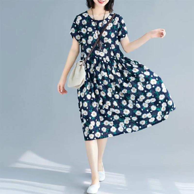 

Маленькое платье с цветочным принтом ромашки в этническом стиле с литературным принтом платье для мамы с круглым вырезом, большая распашная юбка средней длины XXXXL темно-синий