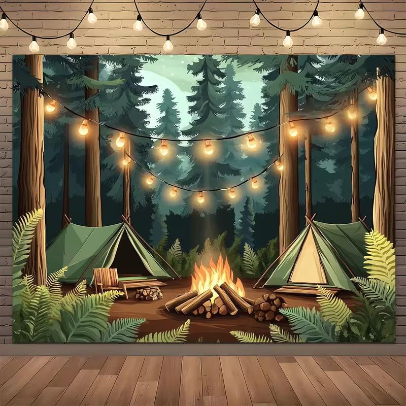 

2D Wilderness Camping Tapestry, Campfire Tent in Pine Forest Wall Hanging, Nature Backdrop for Living Room 47.2x31.5inch/120*80cm