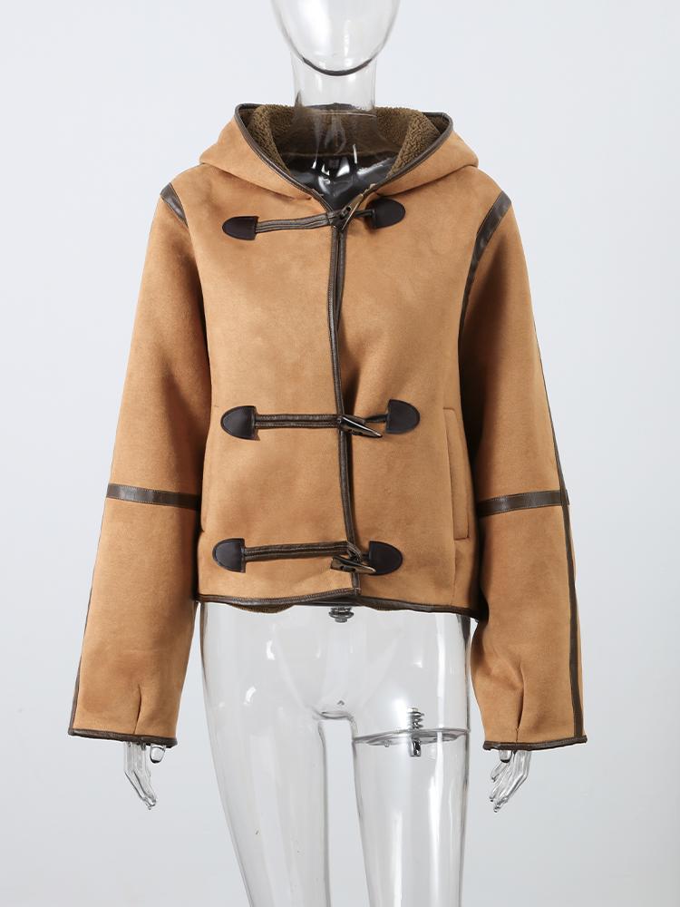 Women's Double-sided Winter Jacket Hooded Cow Horn Buttoned Cotton Jacket Suede Lamb Wool Warm Jacket Fashionable Style Autumn and Winter