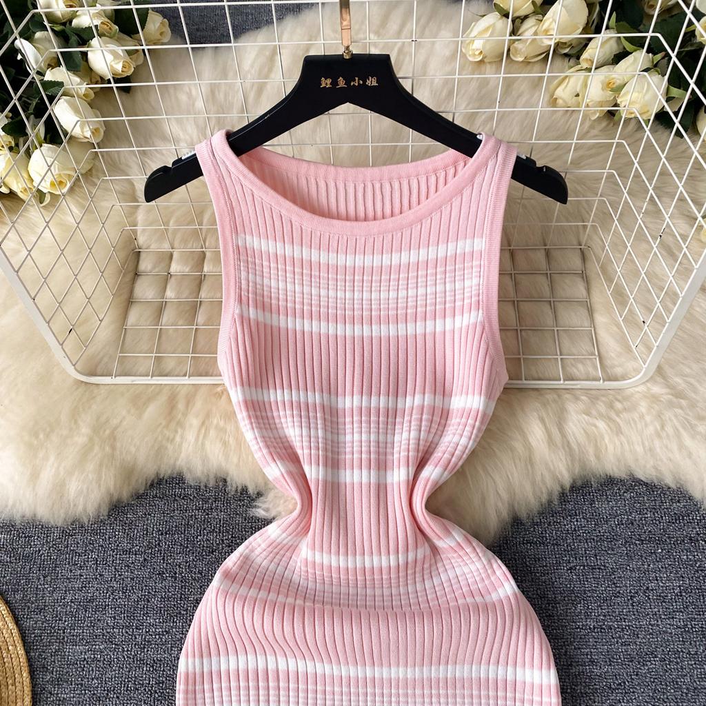 Striped Dress Women's Summer Dress New French High-end Sleeveless Slim and Thin Fishtail Skirt Knitted Skirt