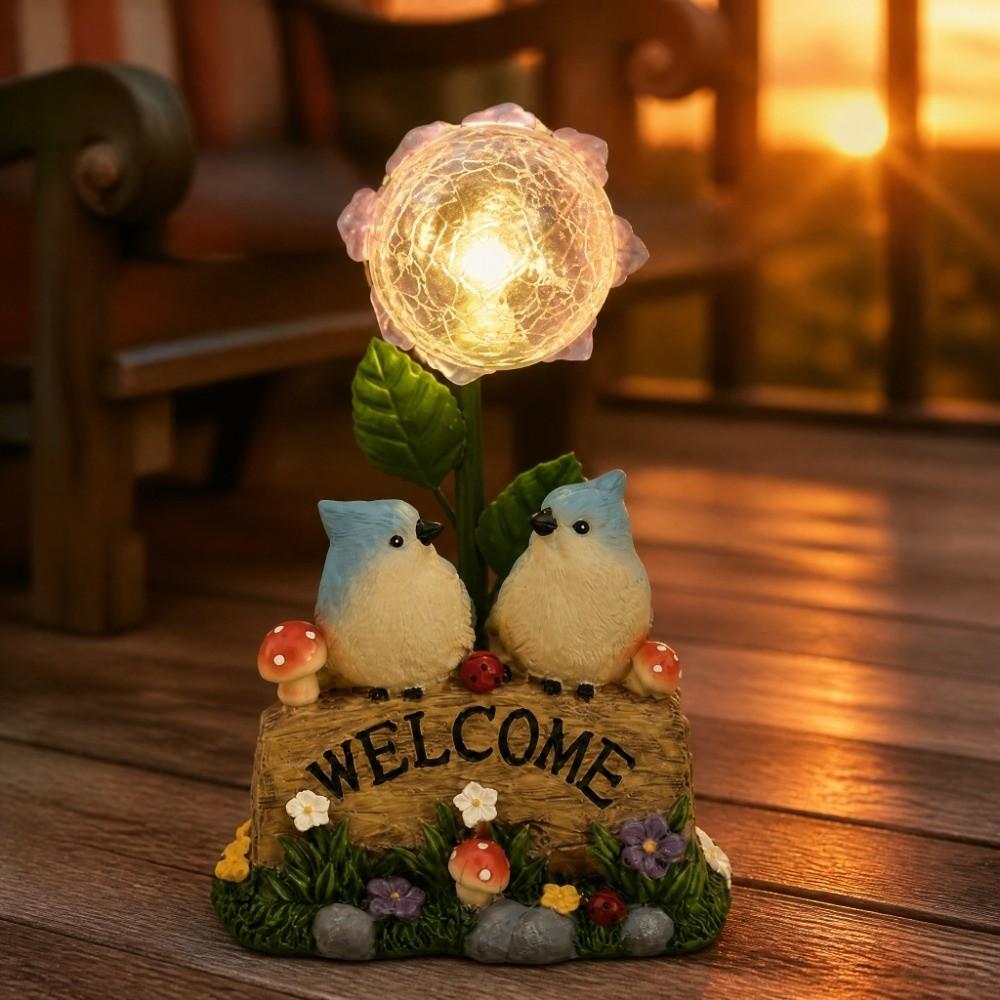 Solar Powered Garden Welcome Sign Durable Resin Warm Light Solar Resin Craft Creative Design No Wiring Needed Bird Figurine