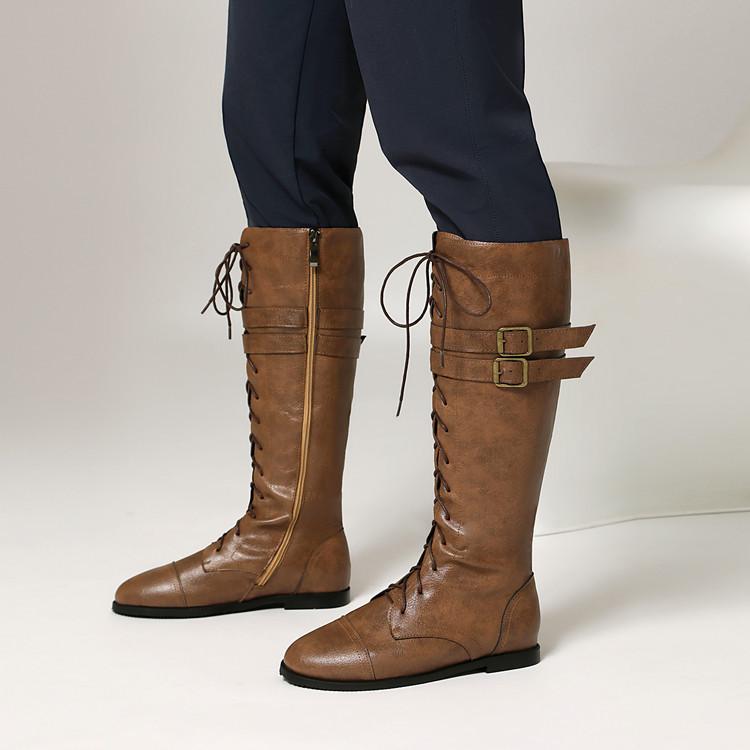 Western cowboy boots European and American belt buckle low heel flat bottom strap high boots fashion boots
