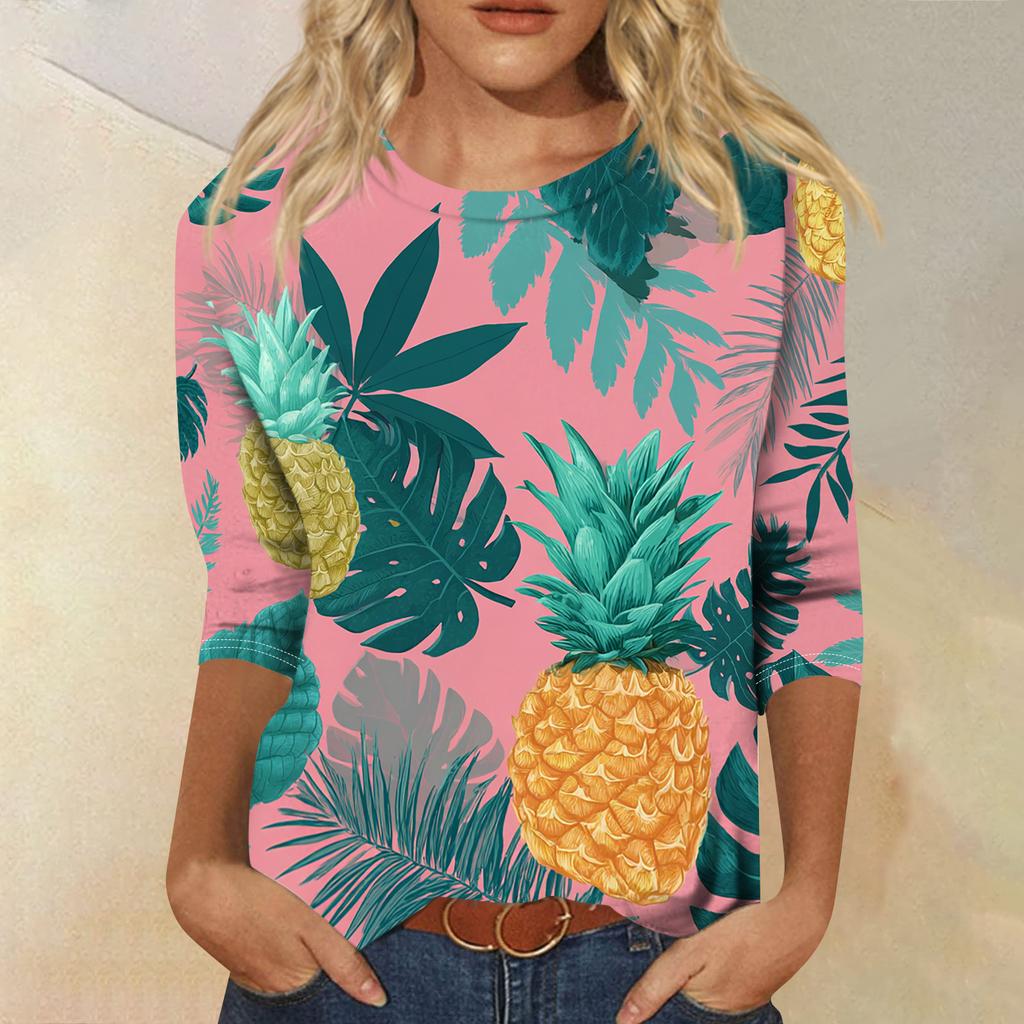 Women's Fashionable Casual Round Neck Three-quarter Sleeve Hawaiian Print T-shirt Top