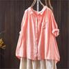 Johnature Women Vintage Shirts Tops Patchwork Pockets Solid Color Turn-down Collar Half Sleeve Thin Summer Shirt