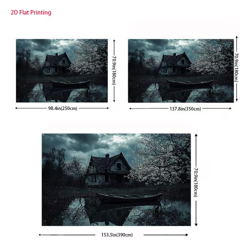 2D Spooky Old Cottage with Boat Photo Booth Backdrop Cloth for Horror Theme