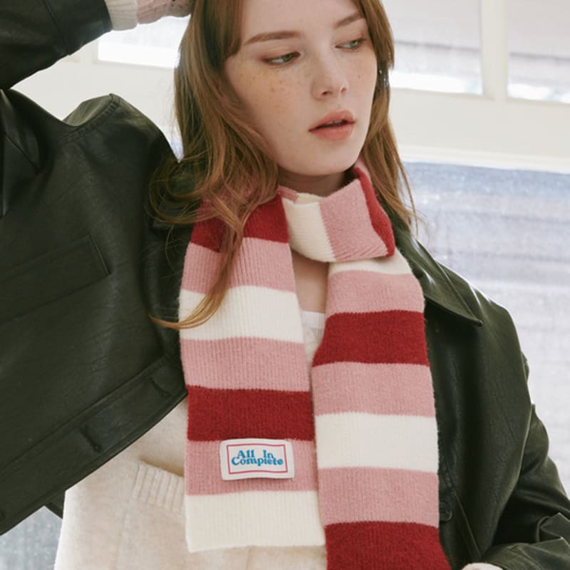 

ALLINCOMPLETE 3 Stripe Knit Muffler (2 Colors) Cherry&Pink&Cream (Muffler)