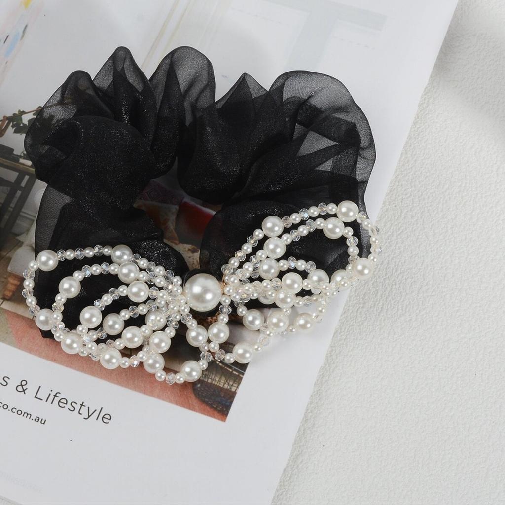Sweet and Elegant French-Style Faux Pearl Bow Oversized Scrunchie Mesh Black Hair Tie for Girls and Women Hair Accessories