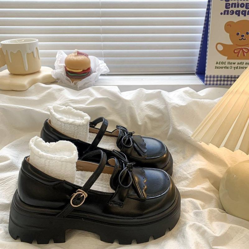 2025 Autumn New Thick-soled Korean Loafer Single Shoes Women's Bow Muffin Round Toe Medium Heel Leather Shoes