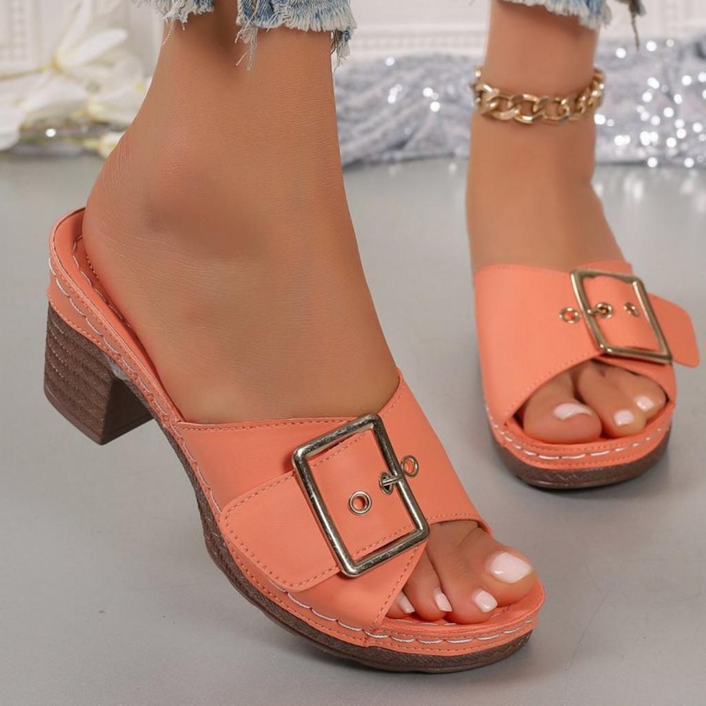 Fashion 2025 summer new fashion large size women's thick heel buckle metal buckle slippers with beach slippers