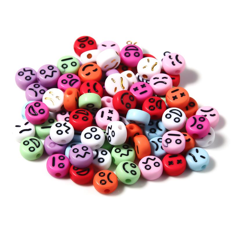 100Pcs/Lot 7mm Acrylic Beads Emoticon Pattern Color Flat Round Hole Size 1.3mm Beads Diy Cute Bracelet Necklace Accessories
