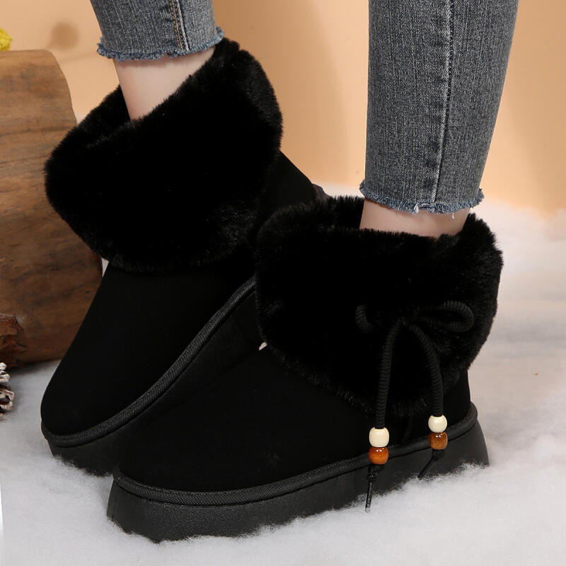 Sweet Beaded Bowknot Decoration Furry Snow Boots Women 2025 Winter Soft Thick Bottom Non Slip Fur Booties Warm Short Plush Boots