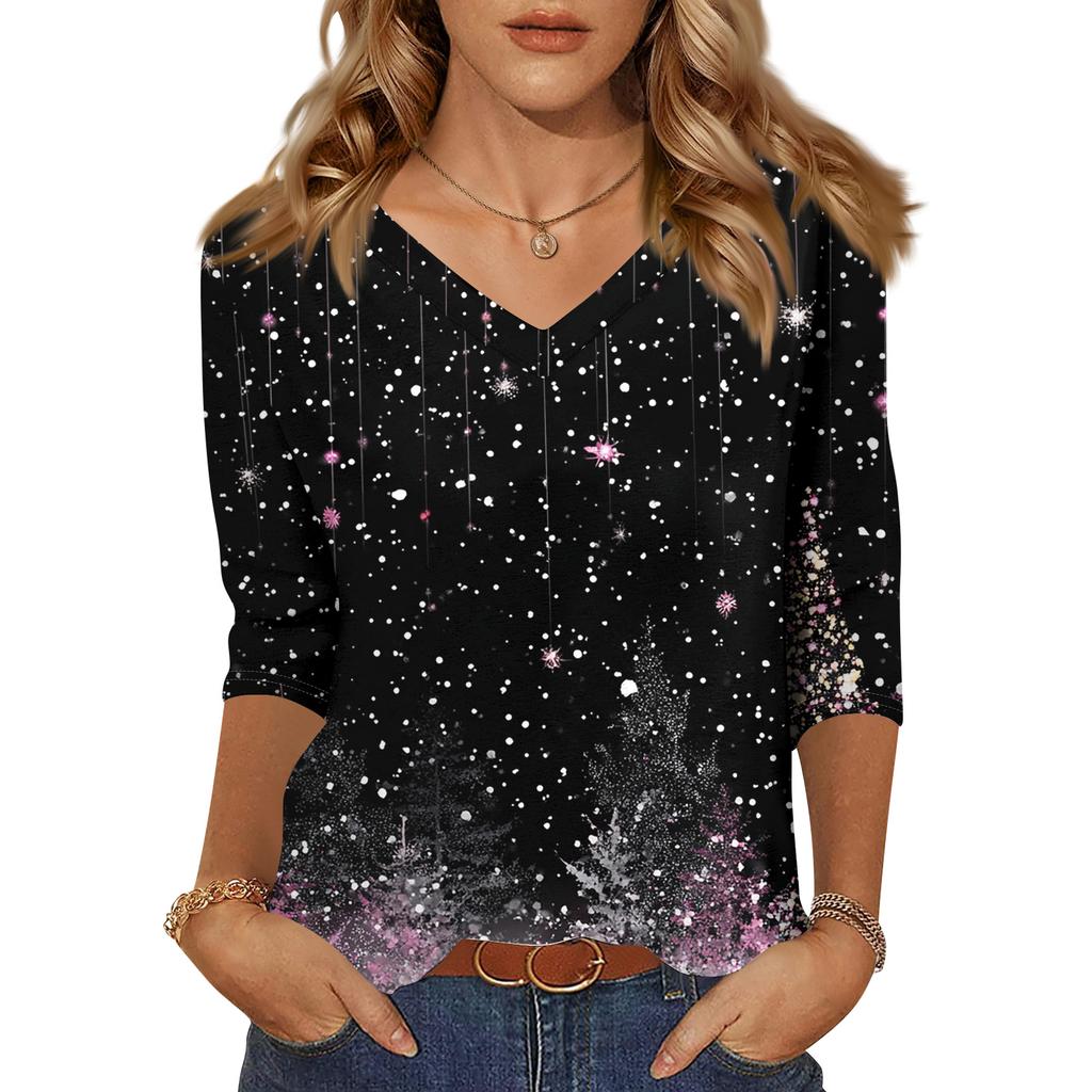 Women's T Shirt CHristmas Print 3/4 Sleeve Daily Weekend Fashion Basic V- Neck Regular Top
