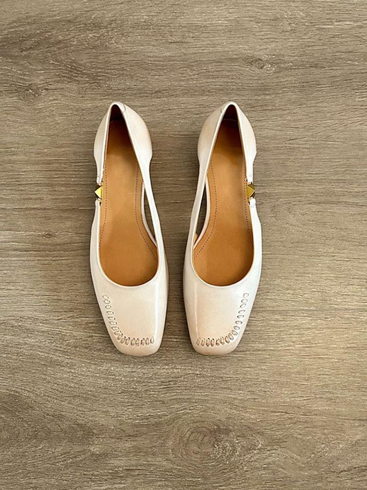 Sheepskin version~ retro shallow mouth square head side empty metal single shoes women's one-pedal commuting thick heel with skirt sandals