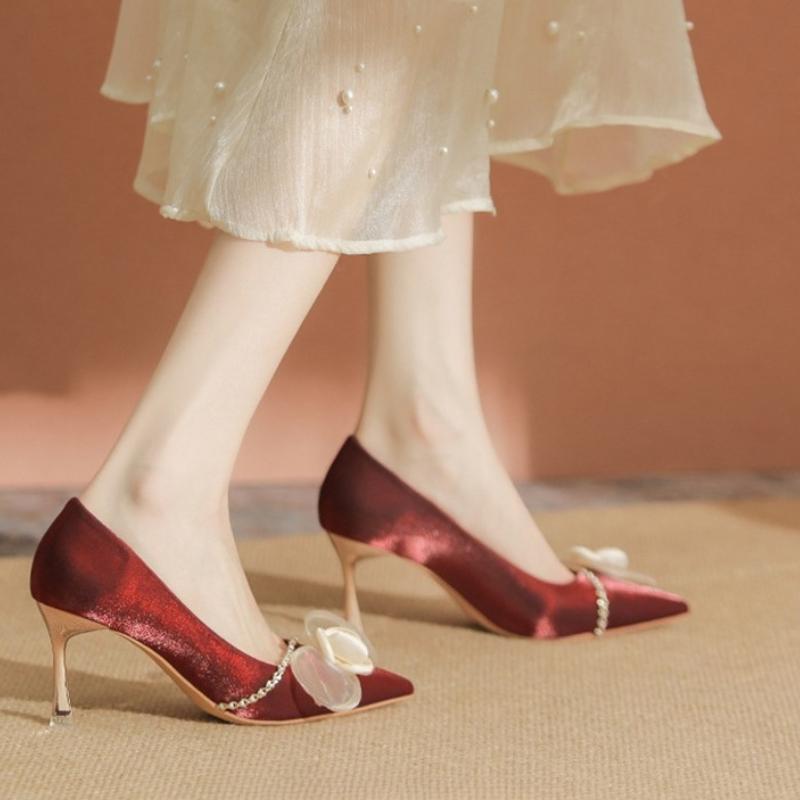 2026 New Spring Autumn Women Flower Chain High Heels Footwear Elegant Thin Heels Pointed Toe Silk Party Lady Pumps Shoe
