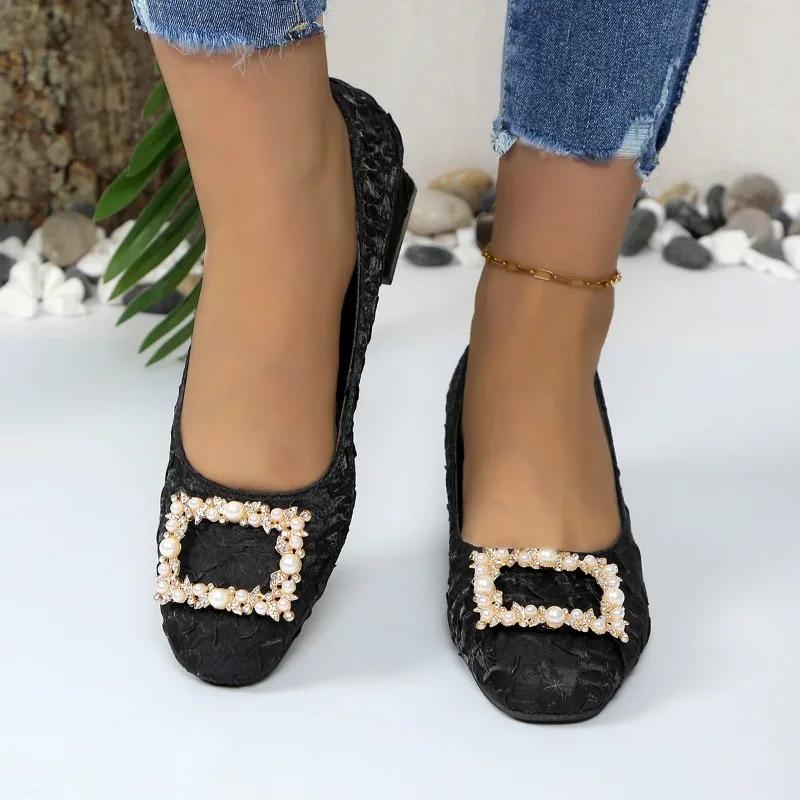 Ladies Shoes  Brand Slip On Women's High Heels Plus Size Dress Pumps Women Pearl Square Button Shallow Low Heel Shoes Women