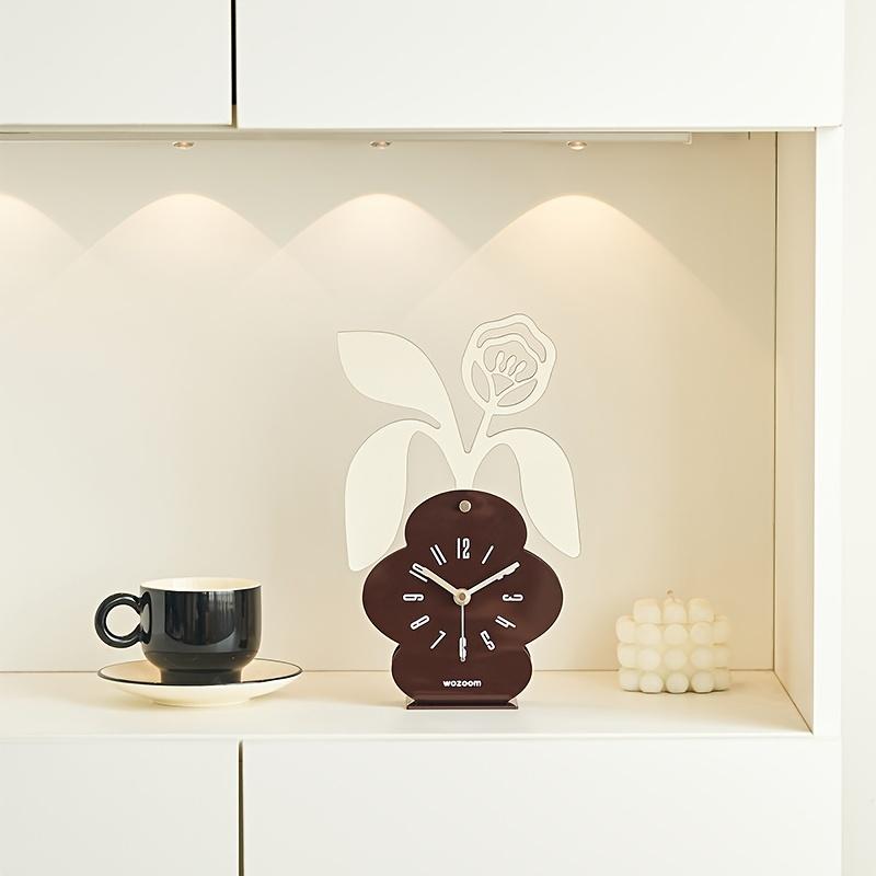 Floral Desktop Clock , Silent Non Ticking Battery Operated, Artificial Wood with Deep Brown Base , White Floral Design, Irregular Shape for Bedroom
