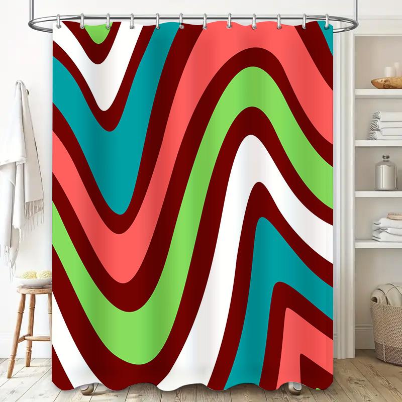 Colorful Wavy Shower Curtain For Modern Bath Decor: Green Red Blue White Stripes Waterproof Fabric Shutter Curtains