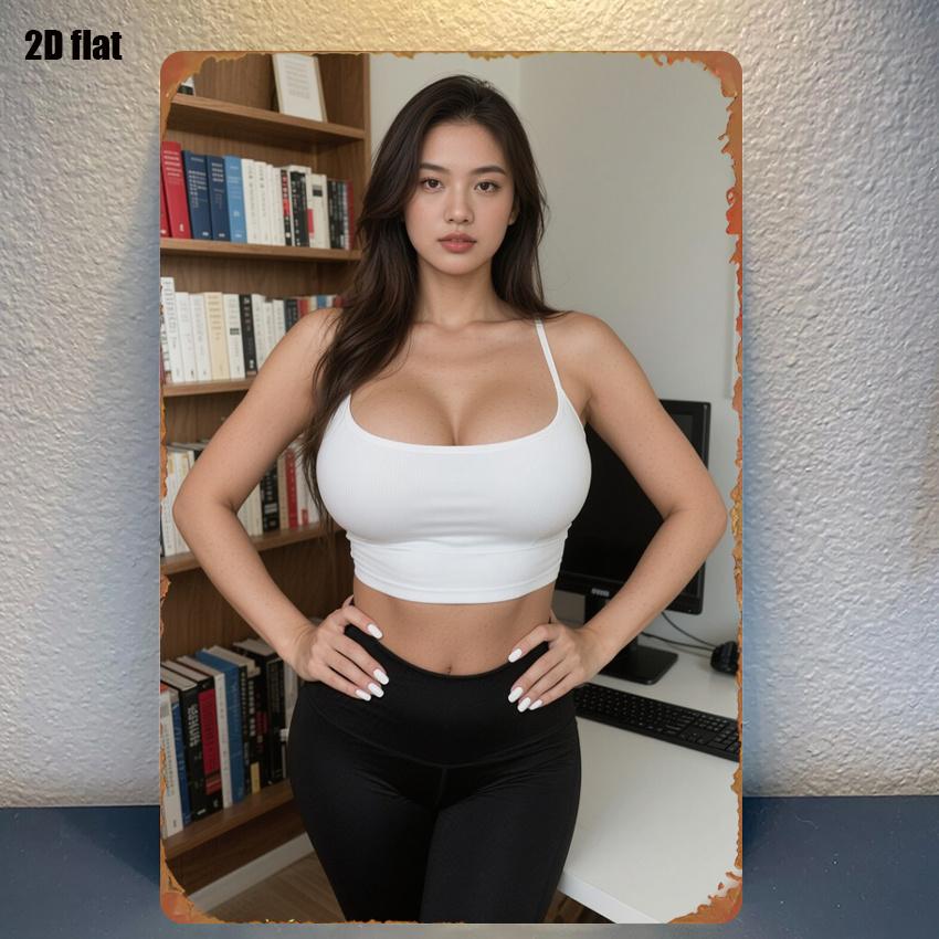 Hochauflösende Blechmalerei Frau im weißen Crop-Top und schwarzen Leggings im Homeoffice Vintage Metallschild Wandkunst Dekor