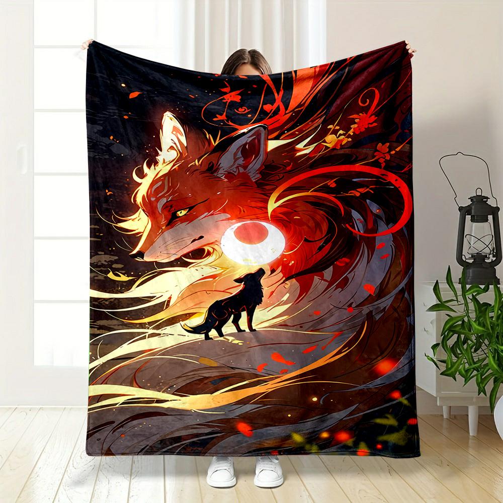 Fiery Fox and Wolf Lunar Artwork Patterned flannel blanket perfect for the bedroom living room, sofa, or a little nap