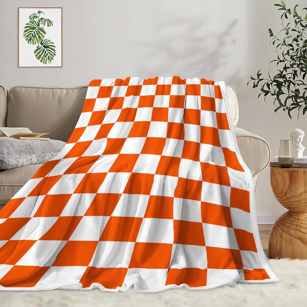Checkered Blanket, White Orange Checkerboard Modern Minimalist Vintage Throw Blanket for All Seasons, Girl Woman Gifts Lightweight Soft Plush