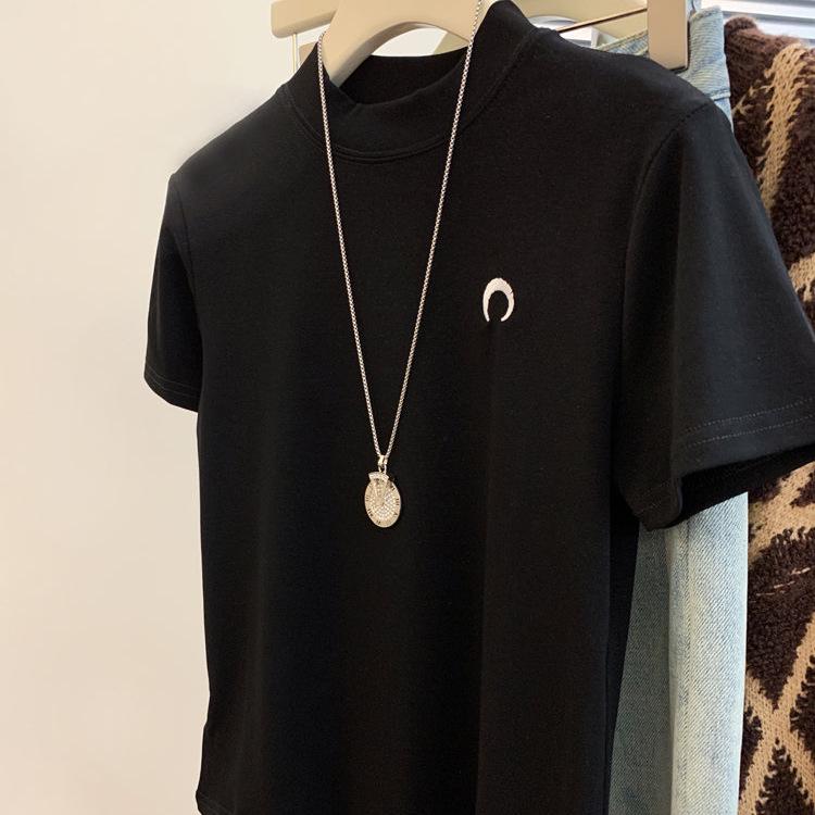 Korean Style Women's Embroidered Cotton Short Sleeve Stand Collar T-shirt