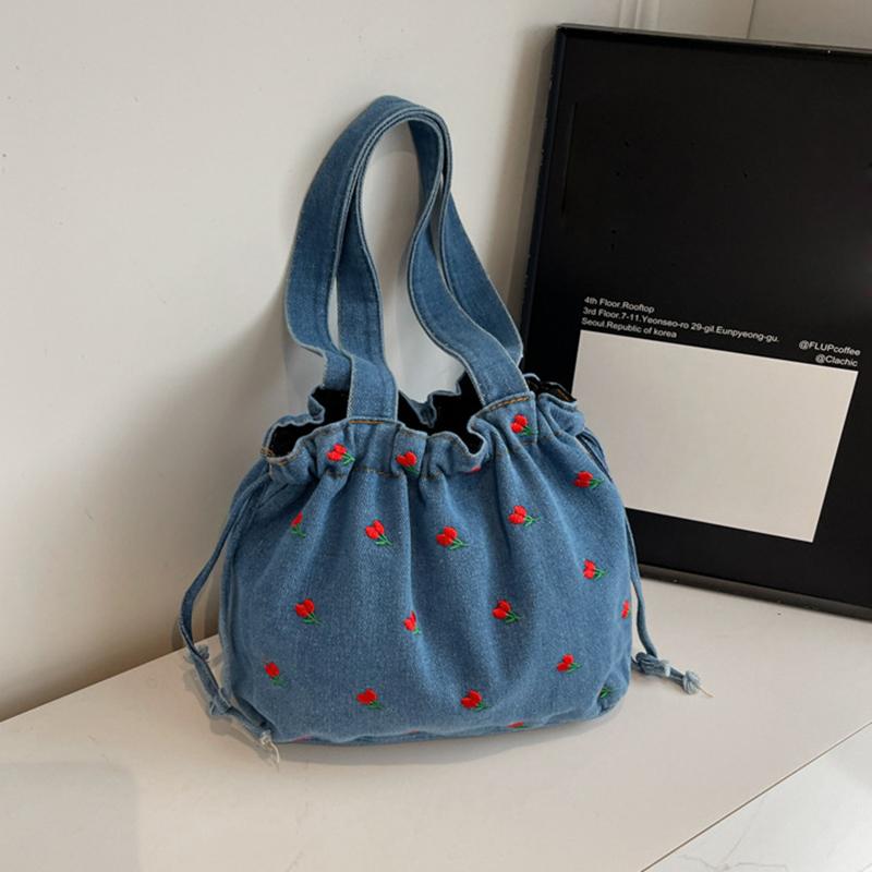 Yogodlns Women's Vintage Floral Denim Bucket Shoulder Bag Casual Embroidered Large Capacity Handbag with Polyester Lining
