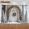 Mocsicka Christmas Photography Background Home New Year Snow Door Tree Decoration Winter Family Holiday Party Backdrop Wallpaper