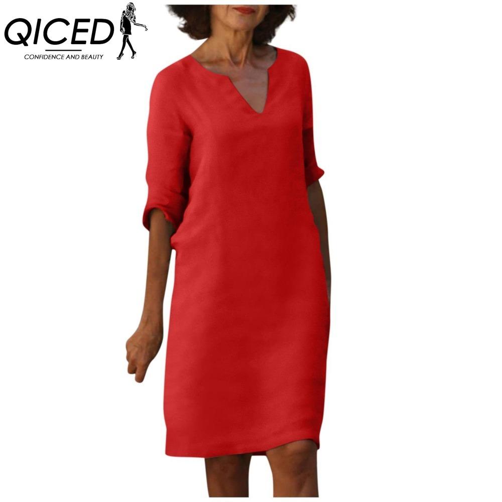 QICED Women Summer Solid Color Cotton Linen Retro V-Neck Short Sleeve Dress Lightweight Breathable Dress