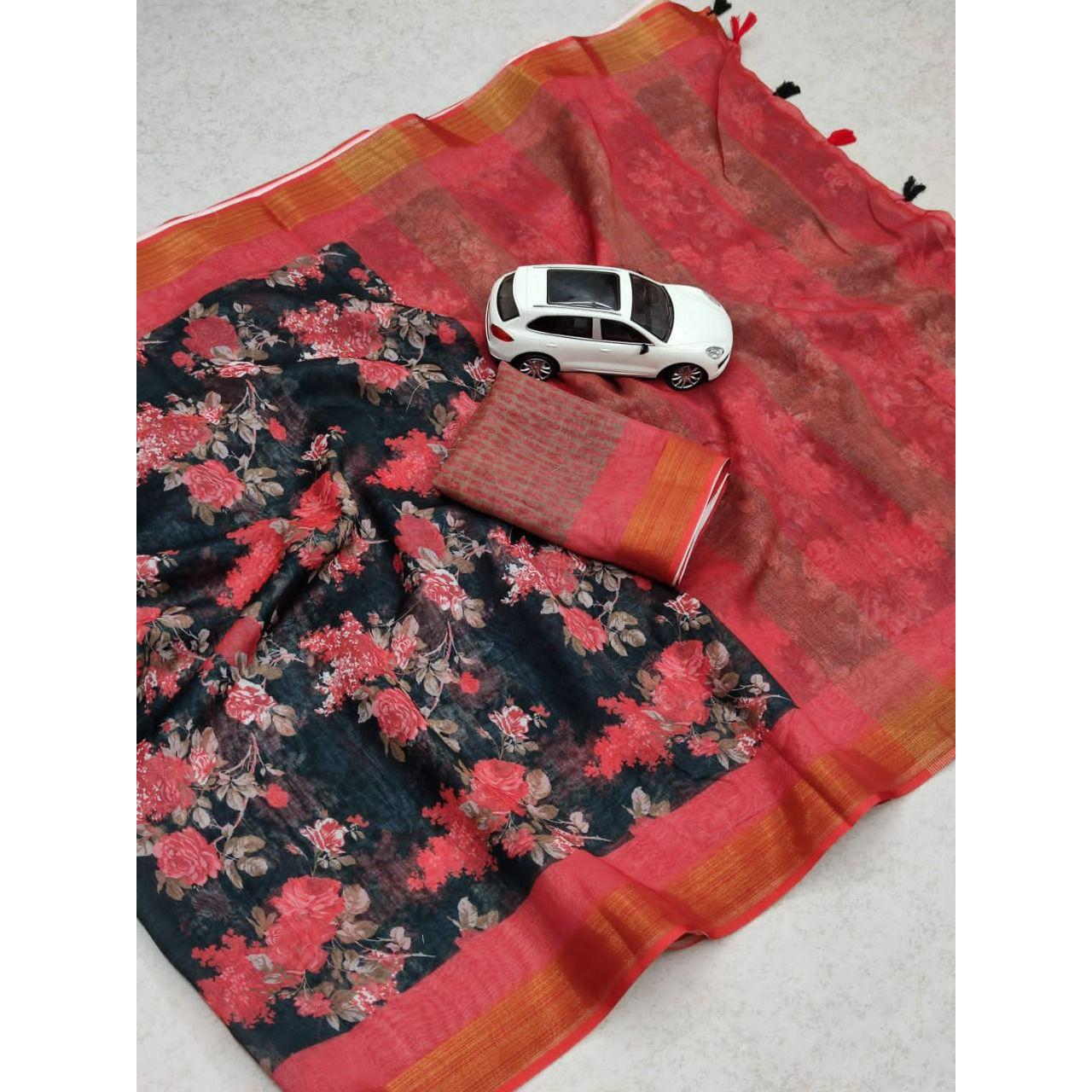 

Женское сари из чистого хлопка с золотой каймой Зари и блузкой с цифровым принтом