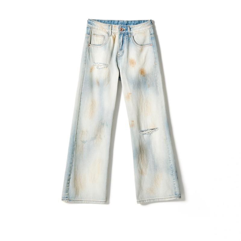 Retro Paint Light Blue Ripped Micro-flare Jeans Wasteland Style Loose Dirty Pants